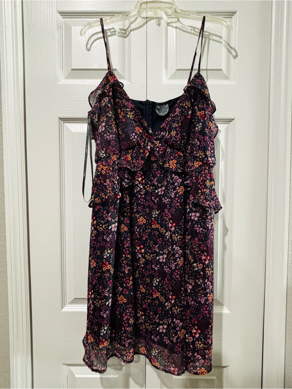 ARULA Navy Ruffle Mini Dress with Pink and Purple Floral Pattern
